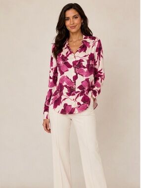 Bailey 44 Cream Blouse with Fuchsia Floral Print Size Small
